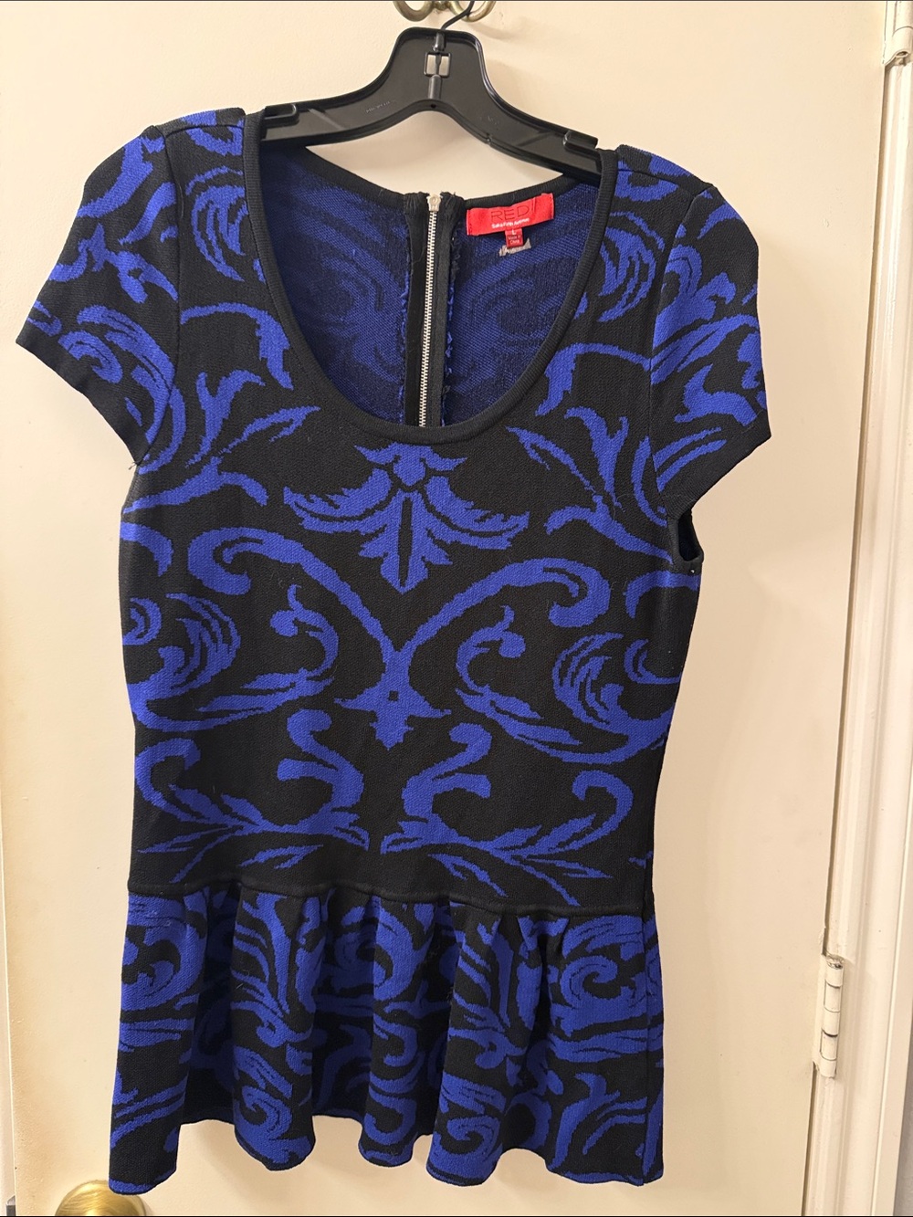Saks Fifth Avenue Black and Royal Blue Patterned Peplum Top